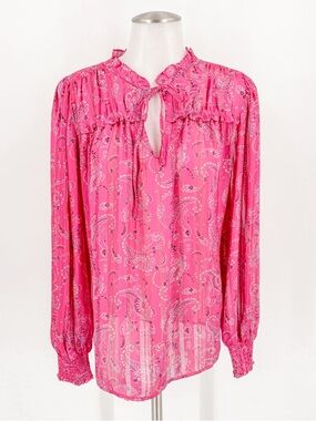 Pink Paisley Tie-Neck Ruffle Blouse